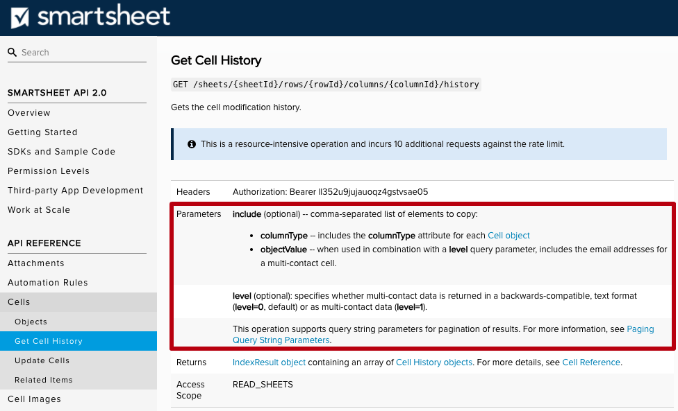 Picture of the Parameters available for the Get Cell History method in the Smartsheet API documentation.